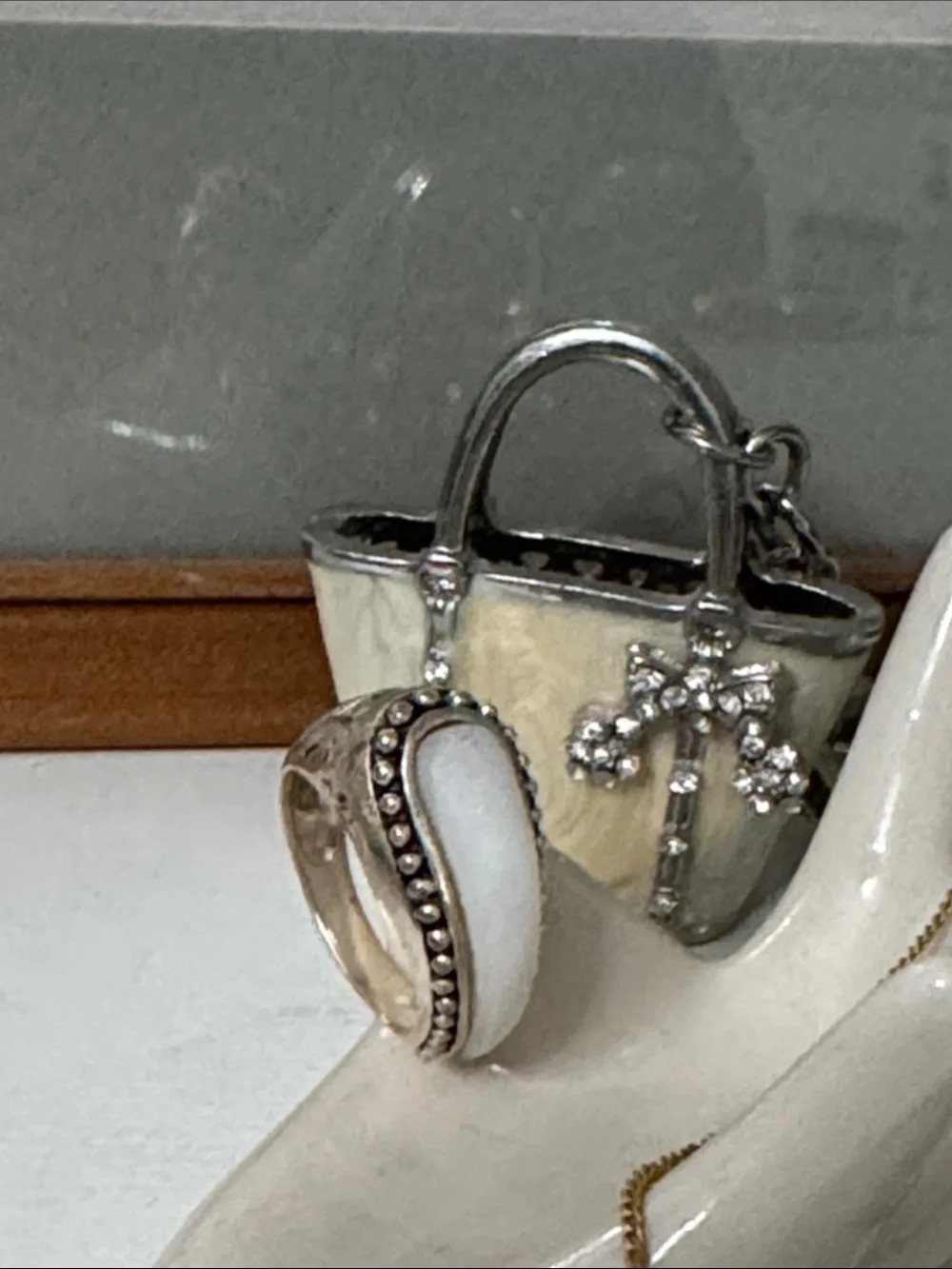 Sterling Silver Ring with White Center Stone and Beaded Edge